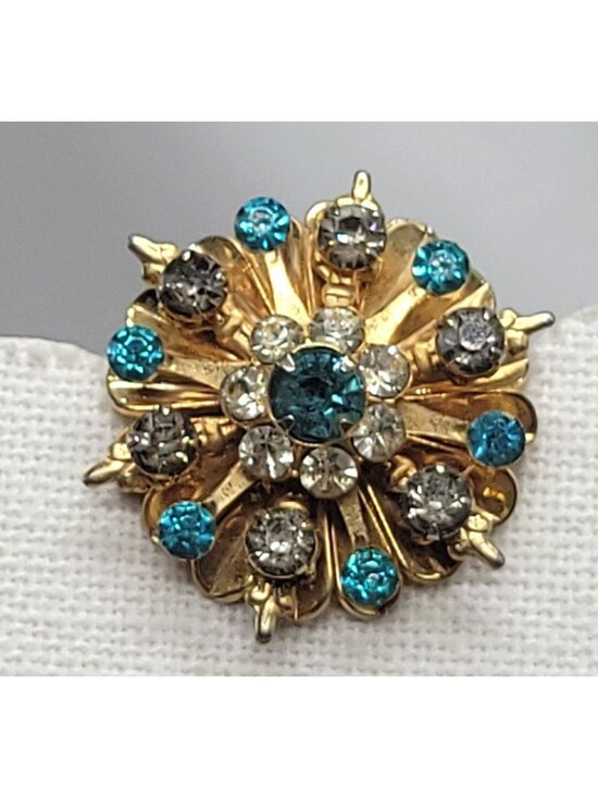 Unknown Jewelry - Vtg Gold-Tone Rhinestone Starburst Brooch Pin Turquoise & Clear Crystals Floral
